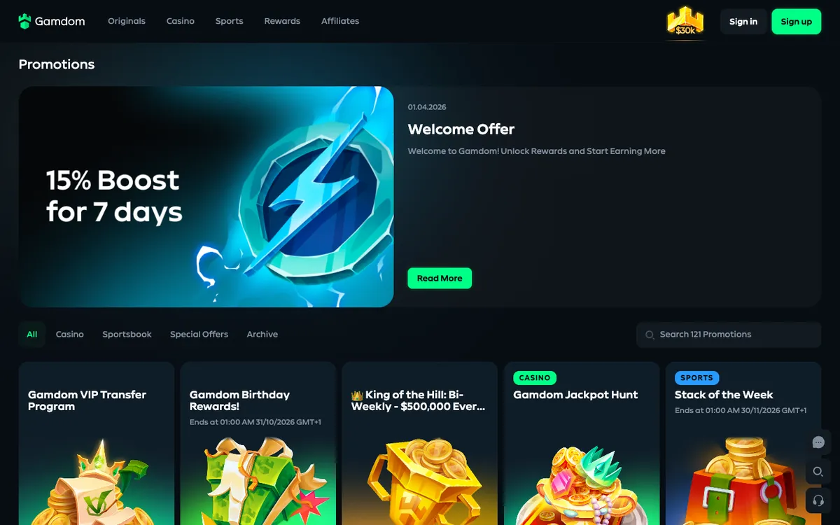 Gamdom Casino — Promotions, captured from Brazil