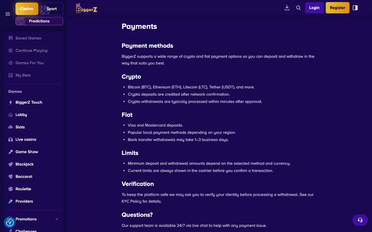 BiggerZ Casino — Payments, captured from Czechia