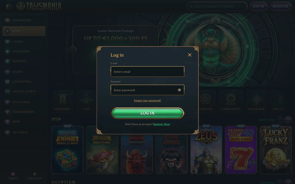 Talismania Casino — Sign-up, captured from South Africa