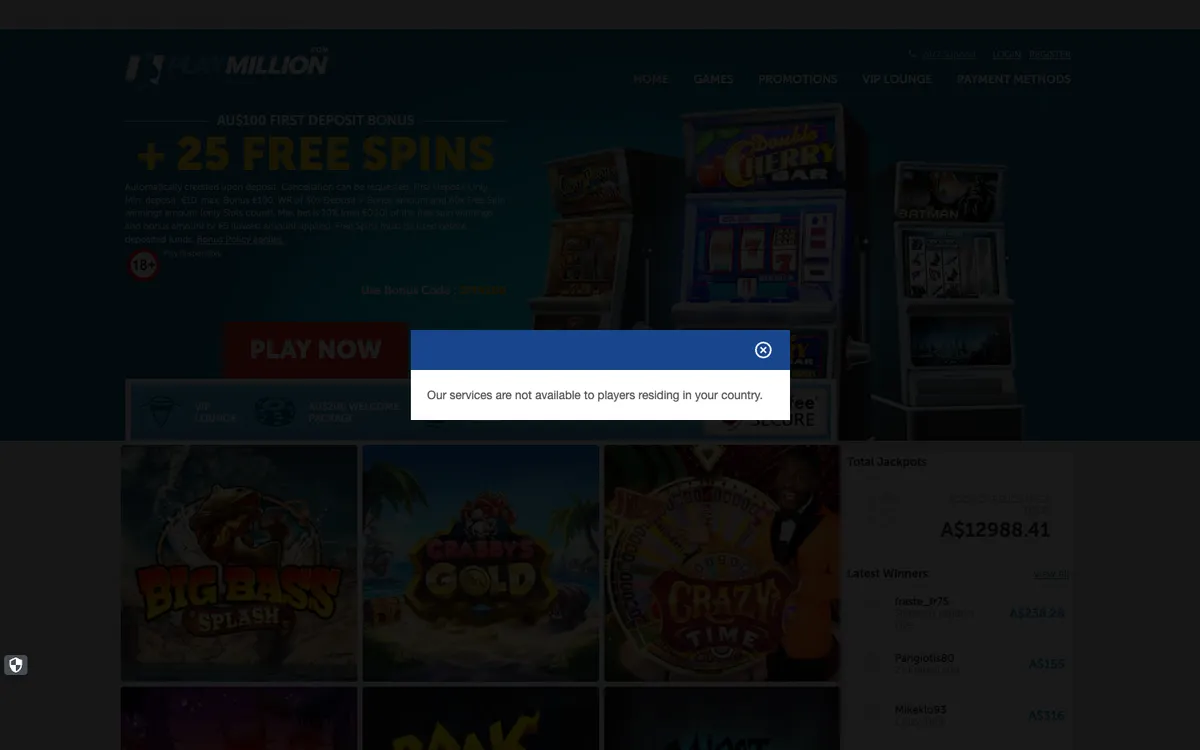 Play Million Casino — Sign-up, captured from Australia