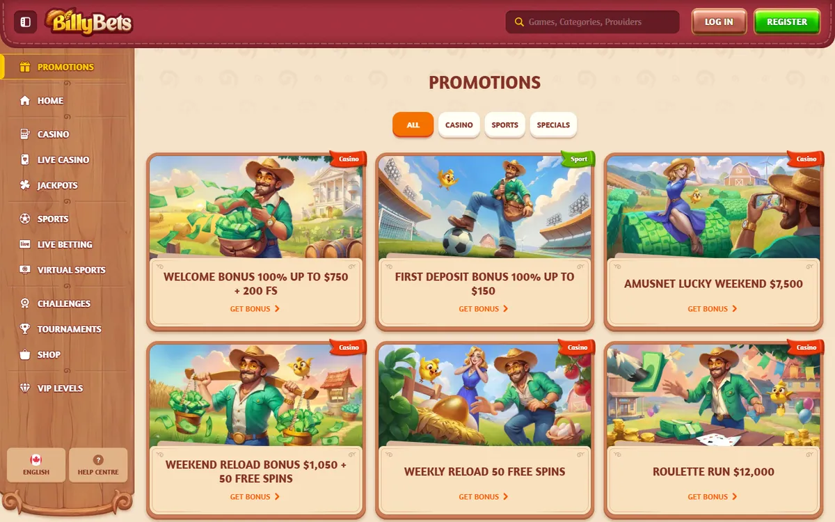 BillyBets Casino — Promotions, captured from Canada