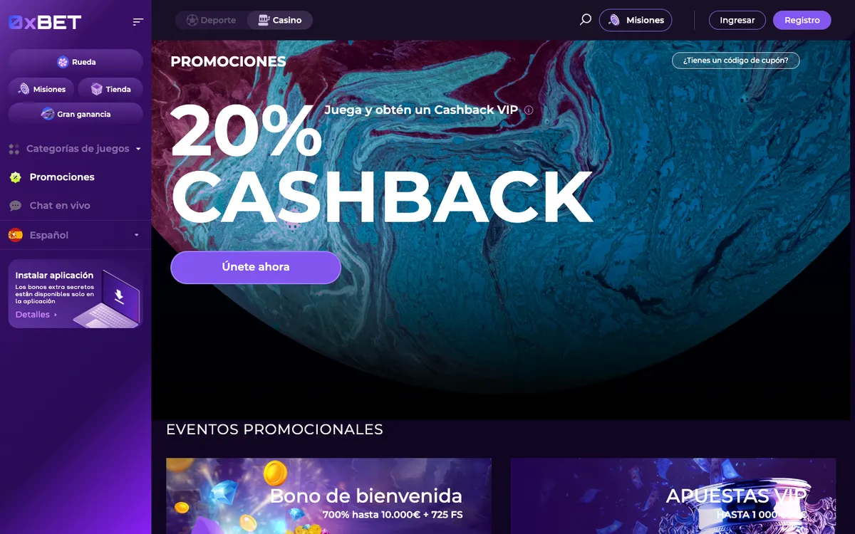 0x.bet Casino — Promotions, captured from Spain