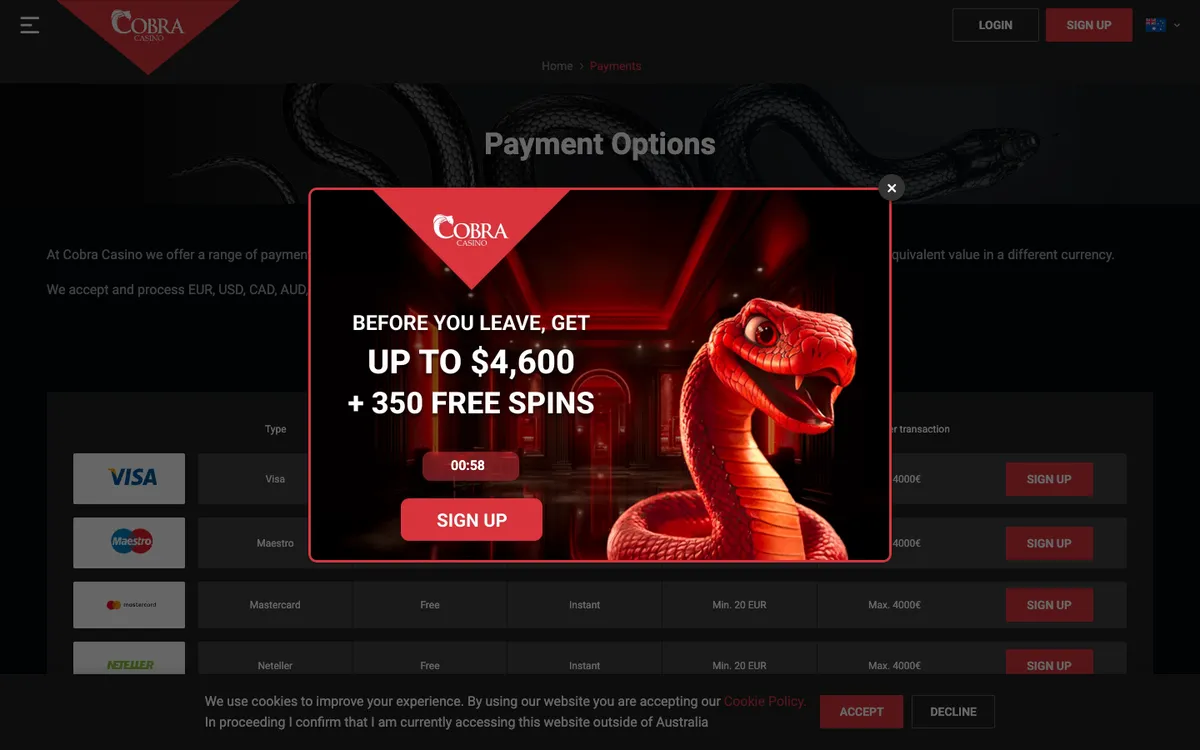 Cobra Casino — «Платежи», снято из страны Австралия
