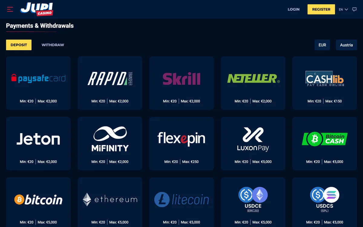 Jupi Casino — Payments, captured from Austria