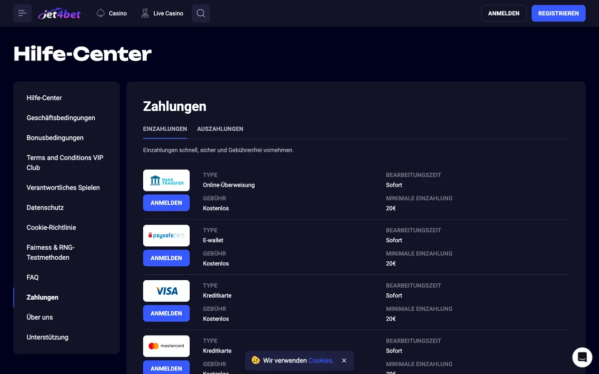 Jet4bet Casino — Payments, captured from Austria