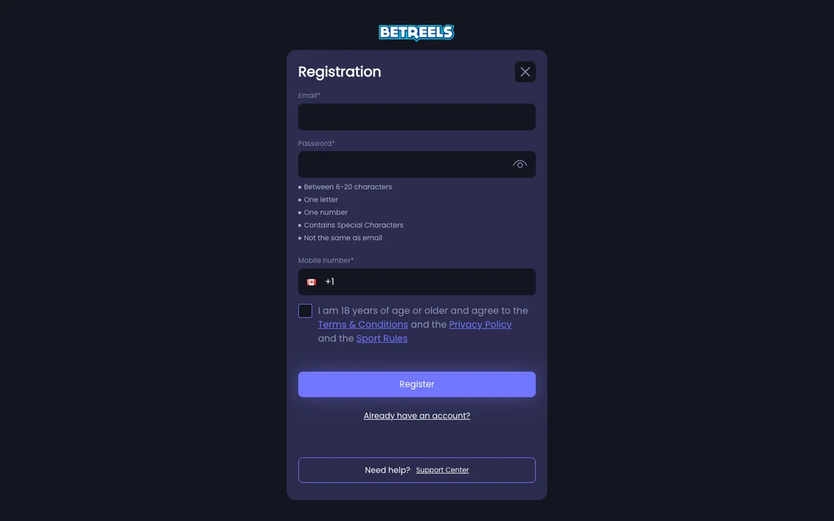 Betreels Casino — Sign-up, captured from Canada