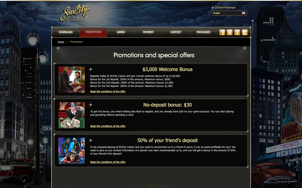 SinCity Casino — Promotions, captured from Australia