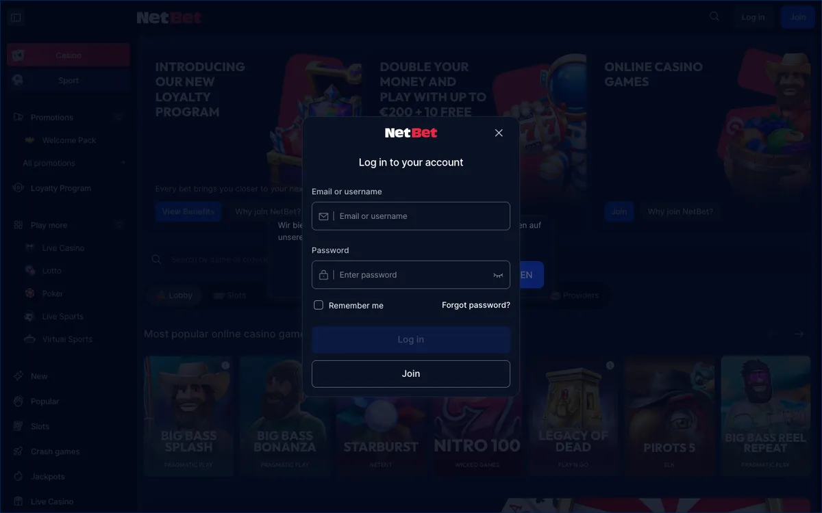 NetBet Casino — Sign-up, captured from Germany