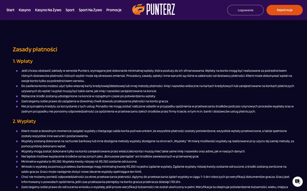 Punterz Casino — Payments, captured from Poland