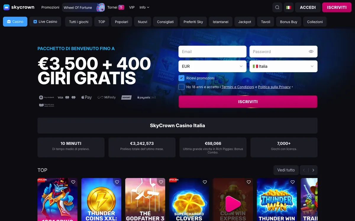 Skycrown Casino — Home page, captured from Italy