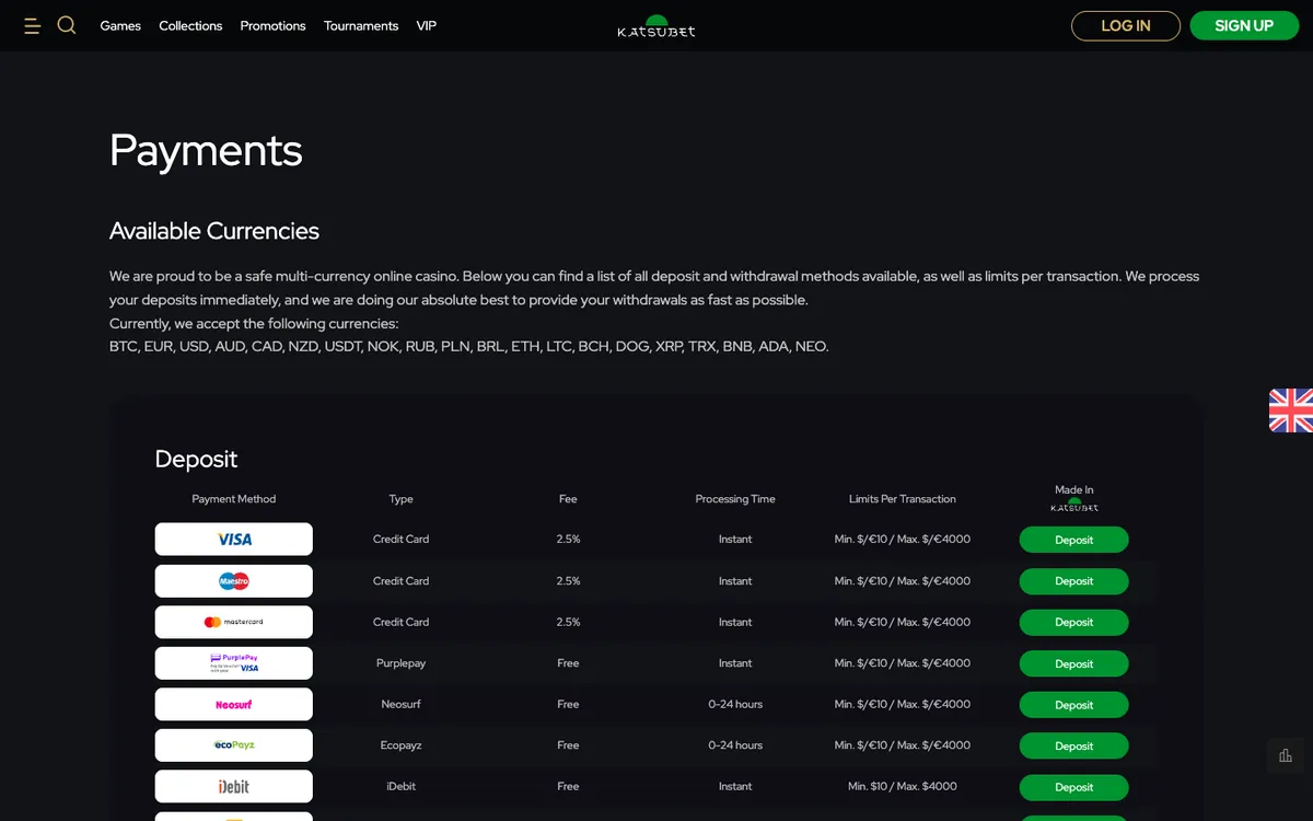 KatsuBet Casino — Payments, captured from France