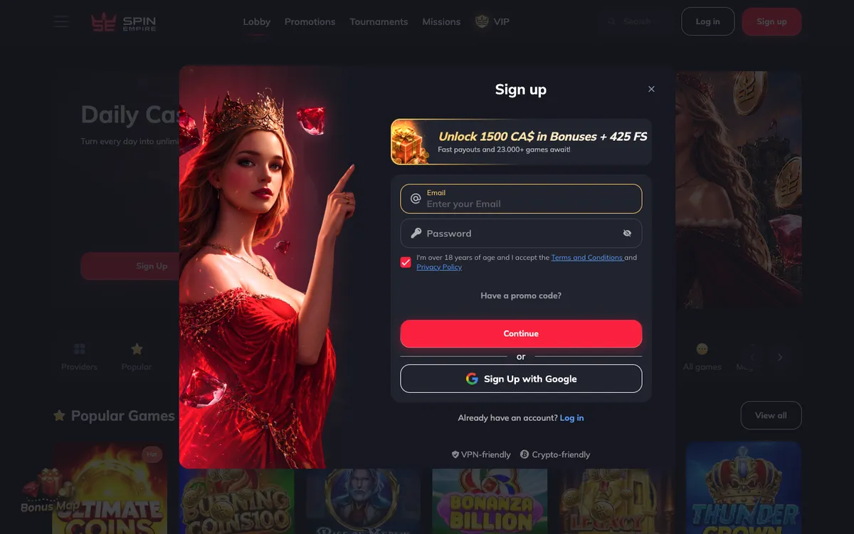 Spin Empire Casino — Home page, captured from Canada