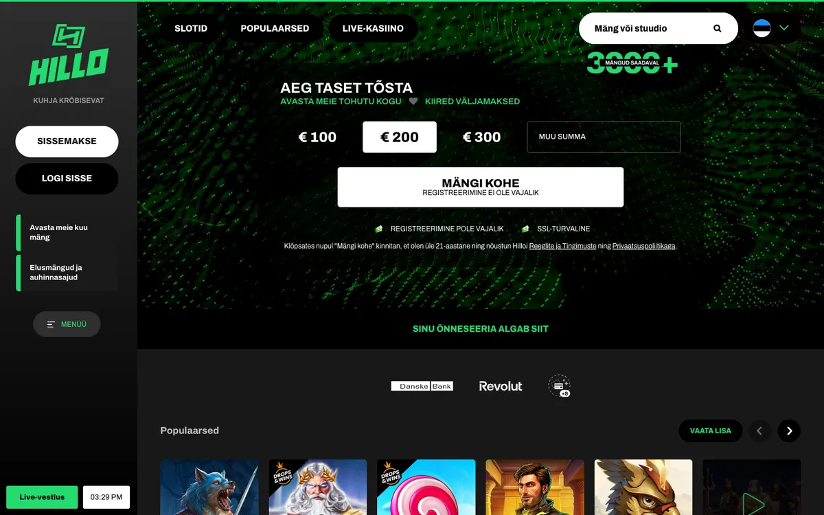 Hillo Casino — Home page, captured from Estonia