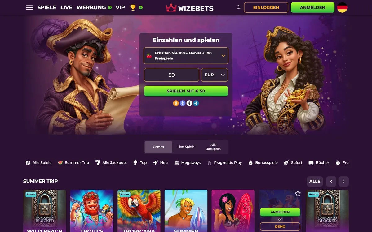 Wizebets Casino — Home page, captured from Austria