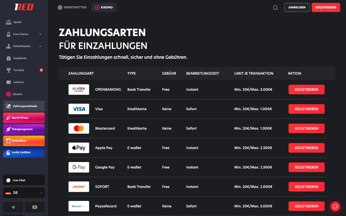 1Red Casino — Payments, captured from Austria