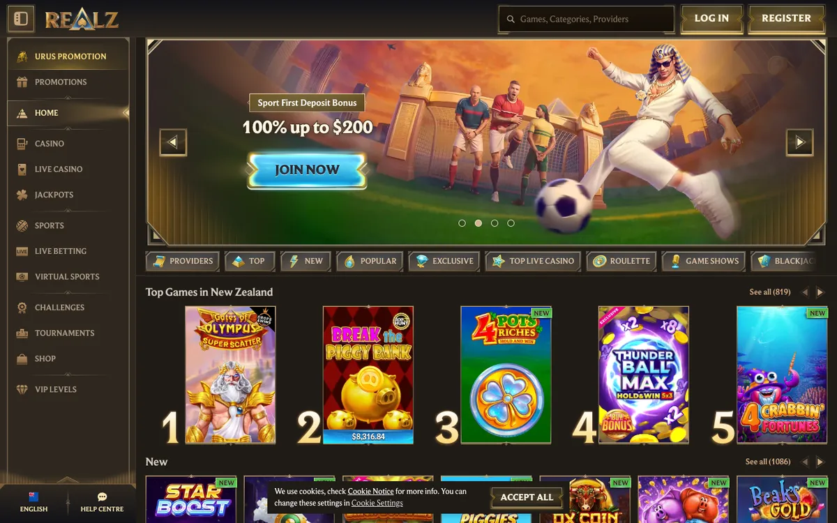 Realz Casino — «Главная», снято из страны Новая Зеландия