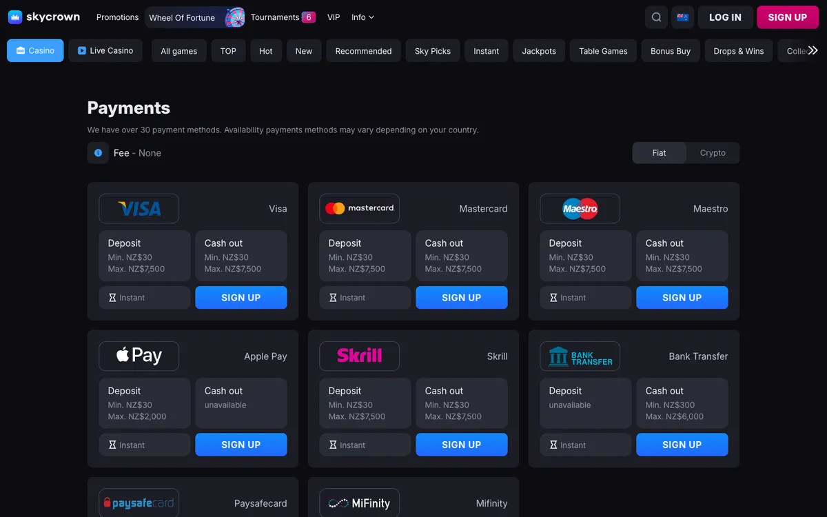 Skycrown Casino — «Платежи», снято из страны Новая Зеландия