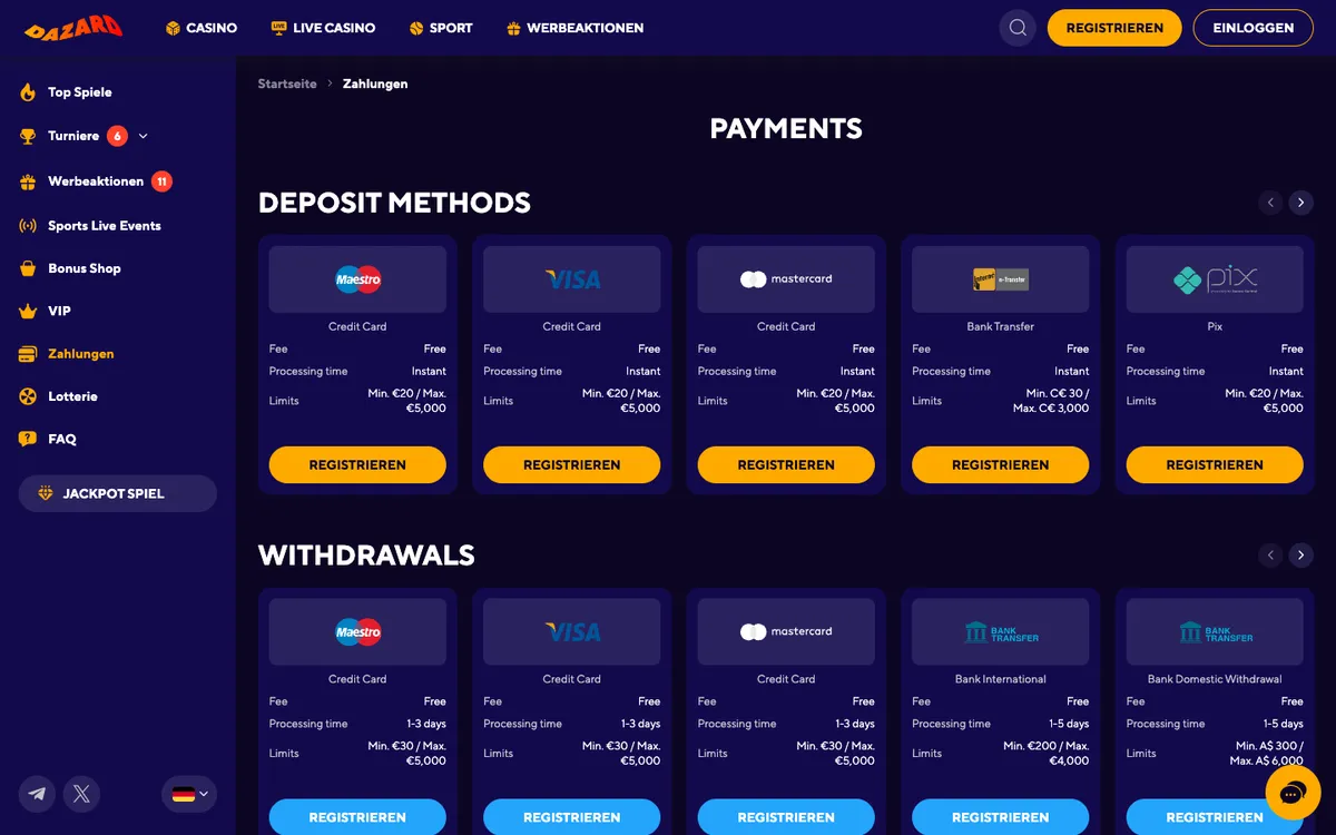 Dazard Casino — «Платежи», снято из страны Германия