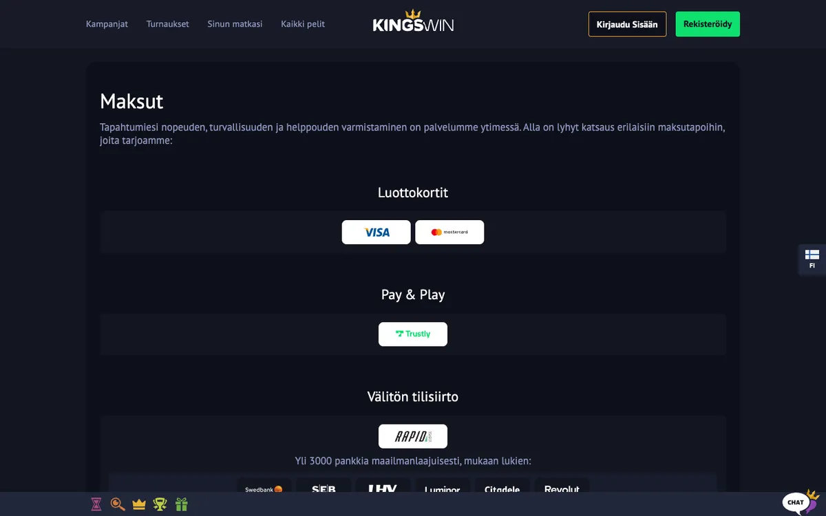 KingsWin Casino — Payments, captured from Finland