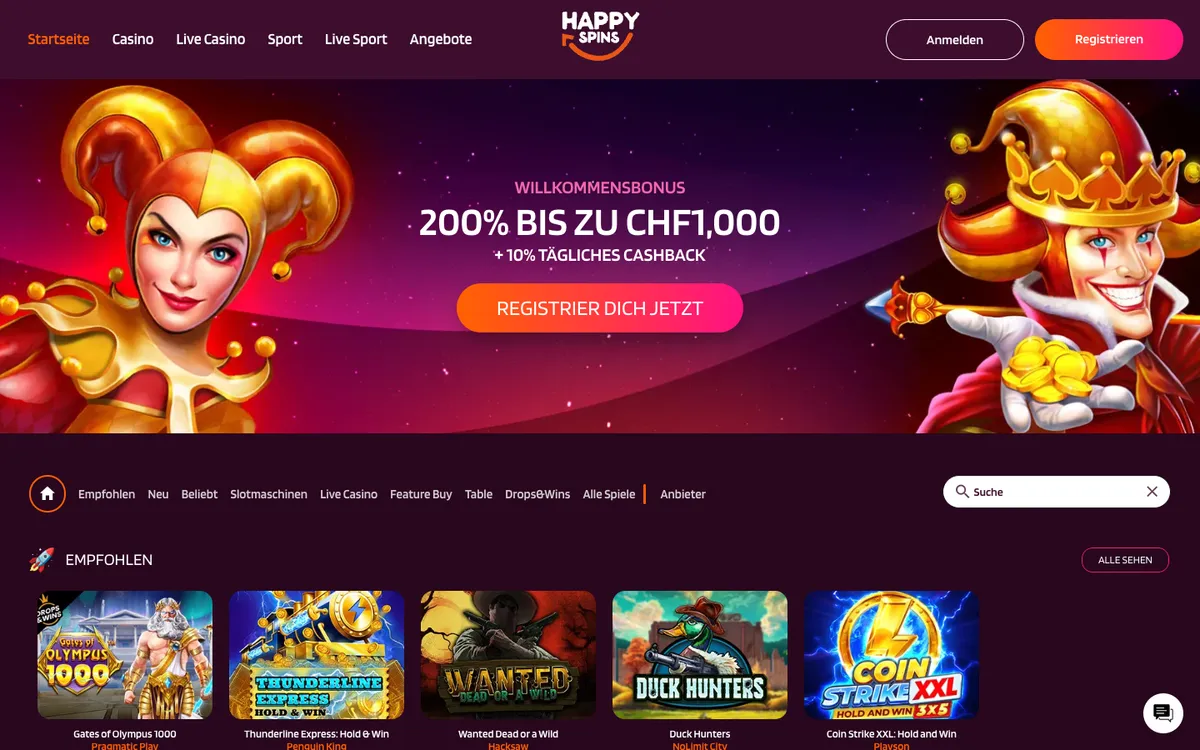 HappySpins Casino — Home page, captured from Switzerland