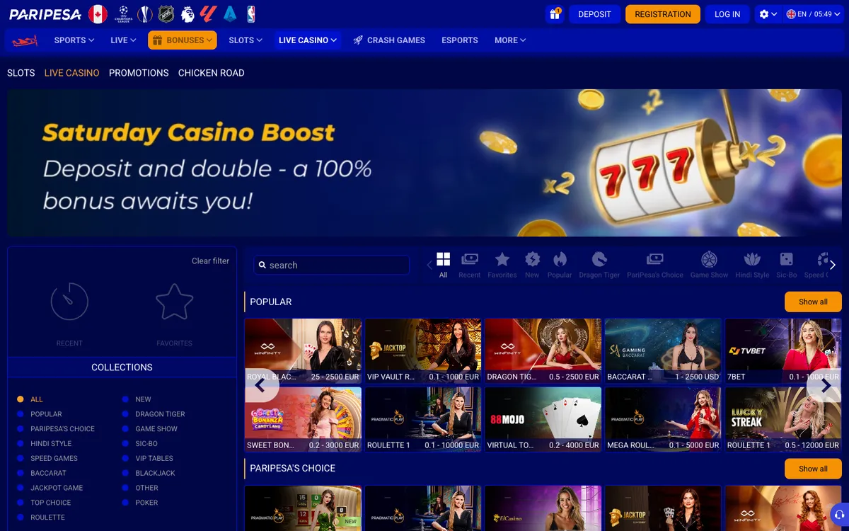 Paripesa Casino — Home page, captured from Canada