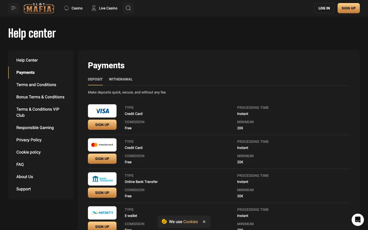 Slot Mafia Casino — Payments, captured from Japan