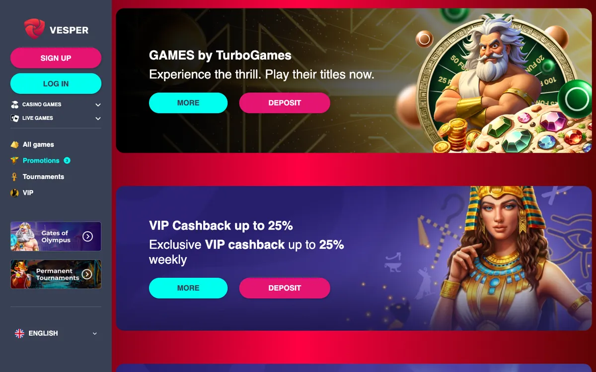 Vesper Casino — Promotions, captured from Australia