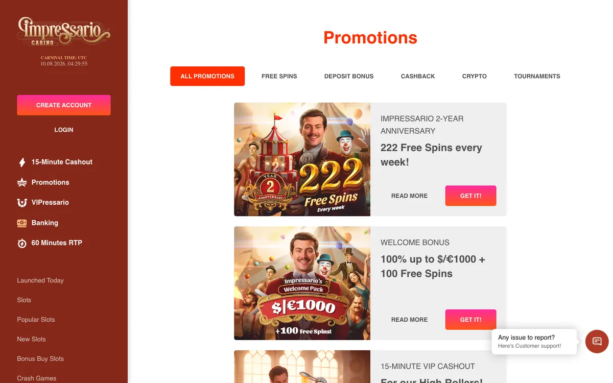 Impressario Casino — Promotions, captured from Austria