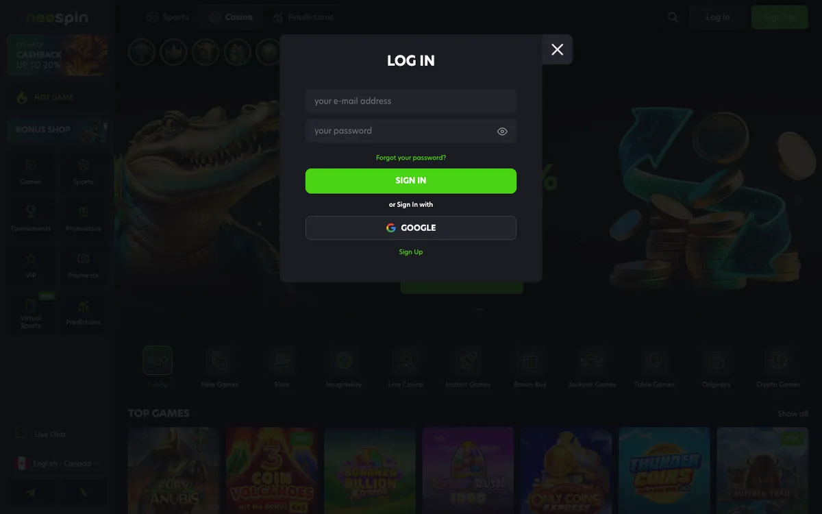 Neospin Casino — Sign-up, captured from Canada