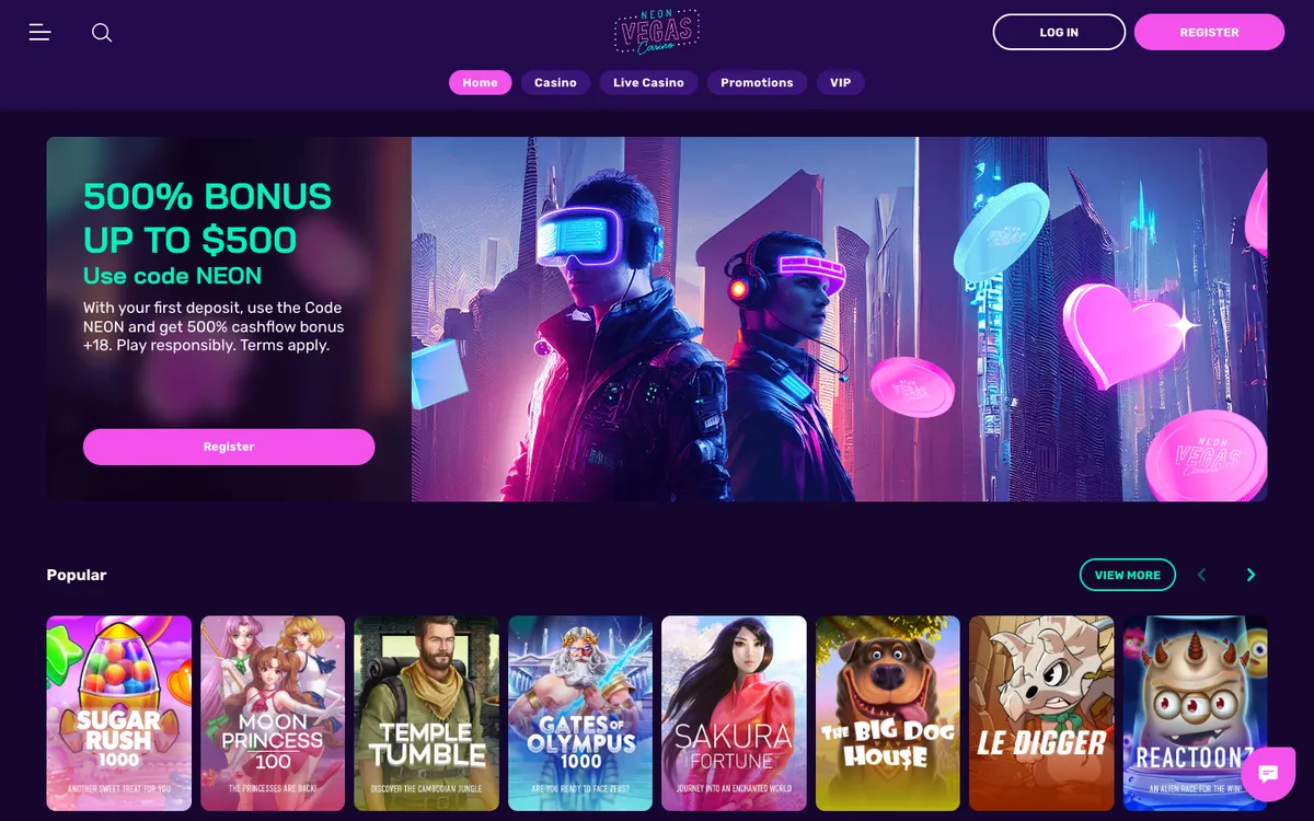 NeonVegas Casino — Home page, captured from New Zealand