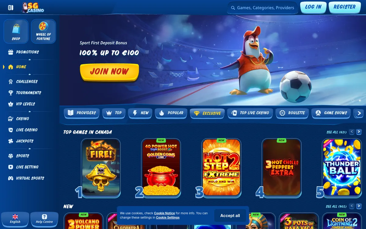 SG Casino — «Главная», снято из страны Канада