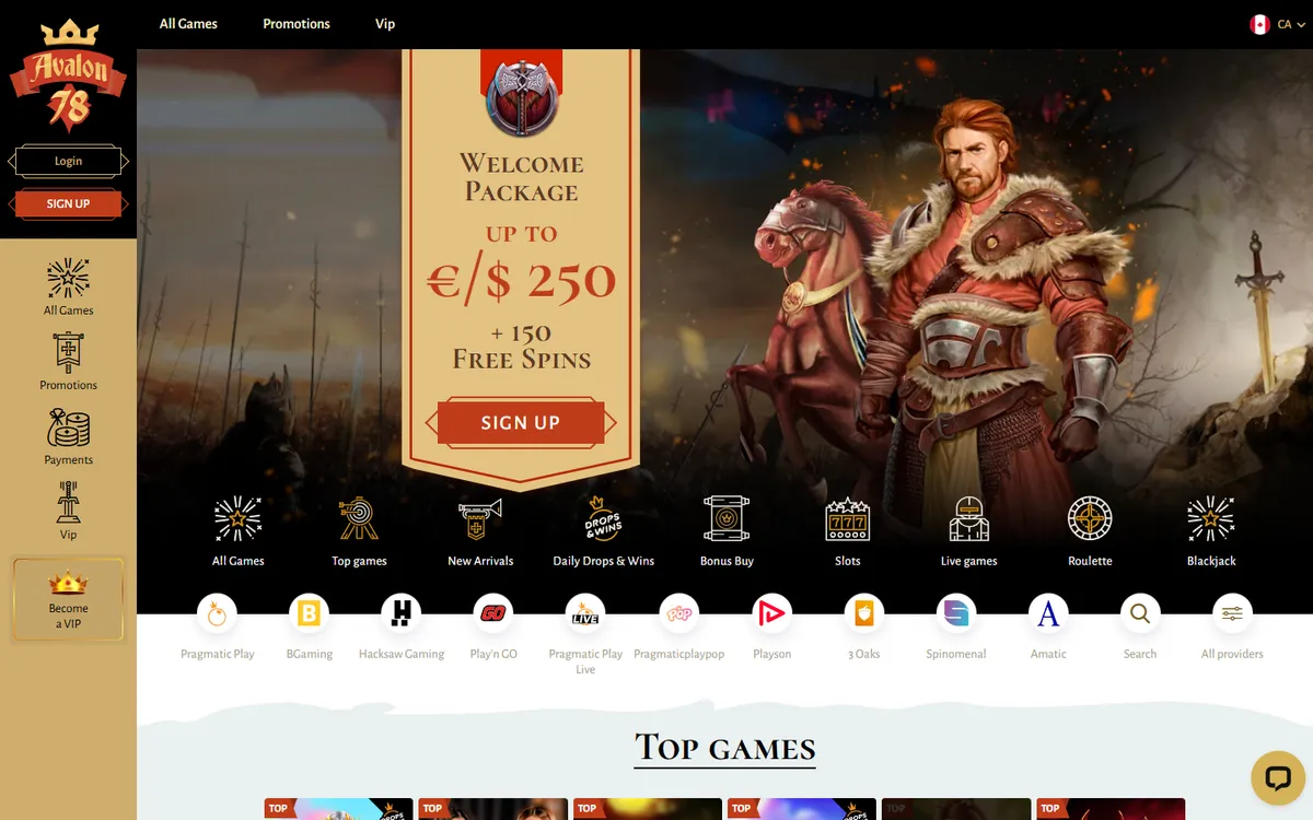 Avalon78 Casino — Home page, captured from Canada