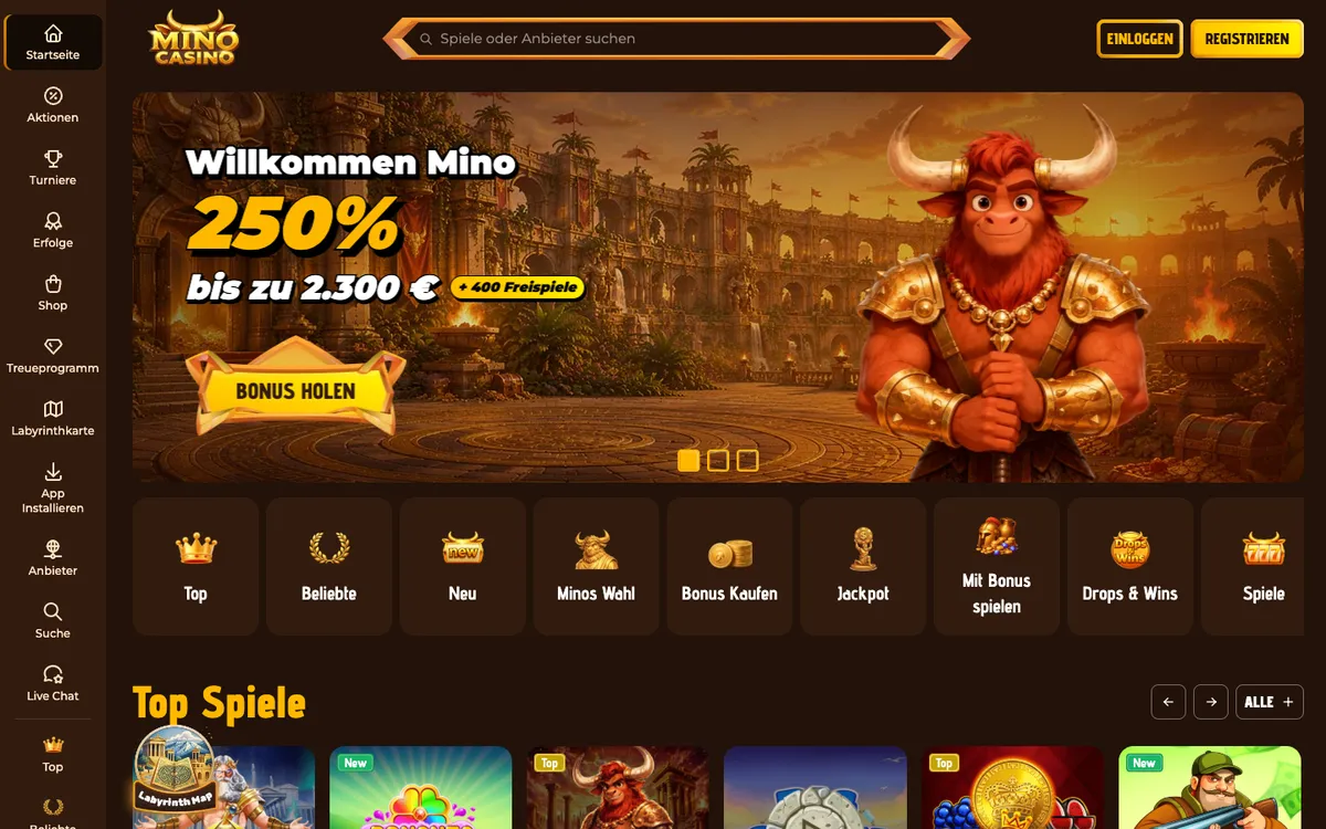 Mino Casino — Home page, captured from Austria