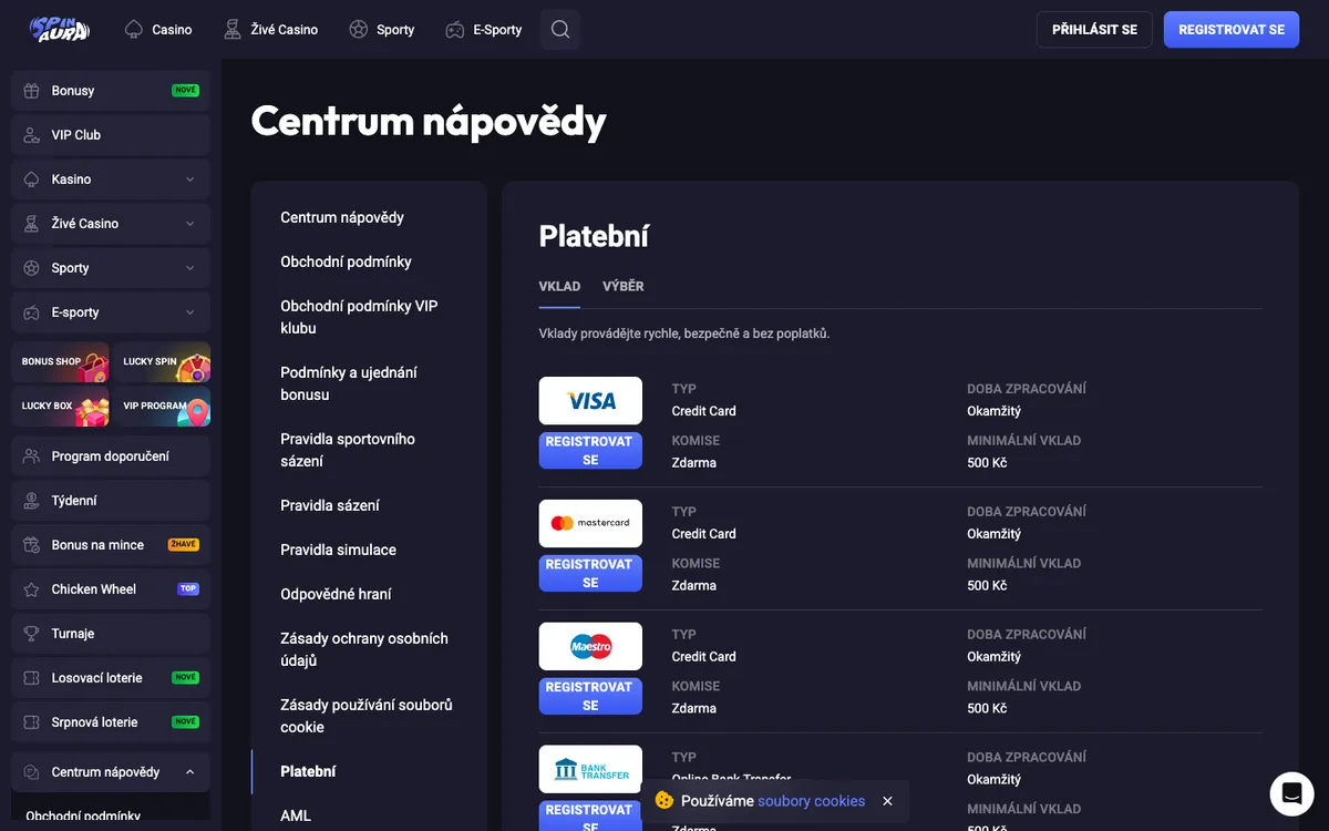 Spin Aura Casino — Payments, captured from Czechia