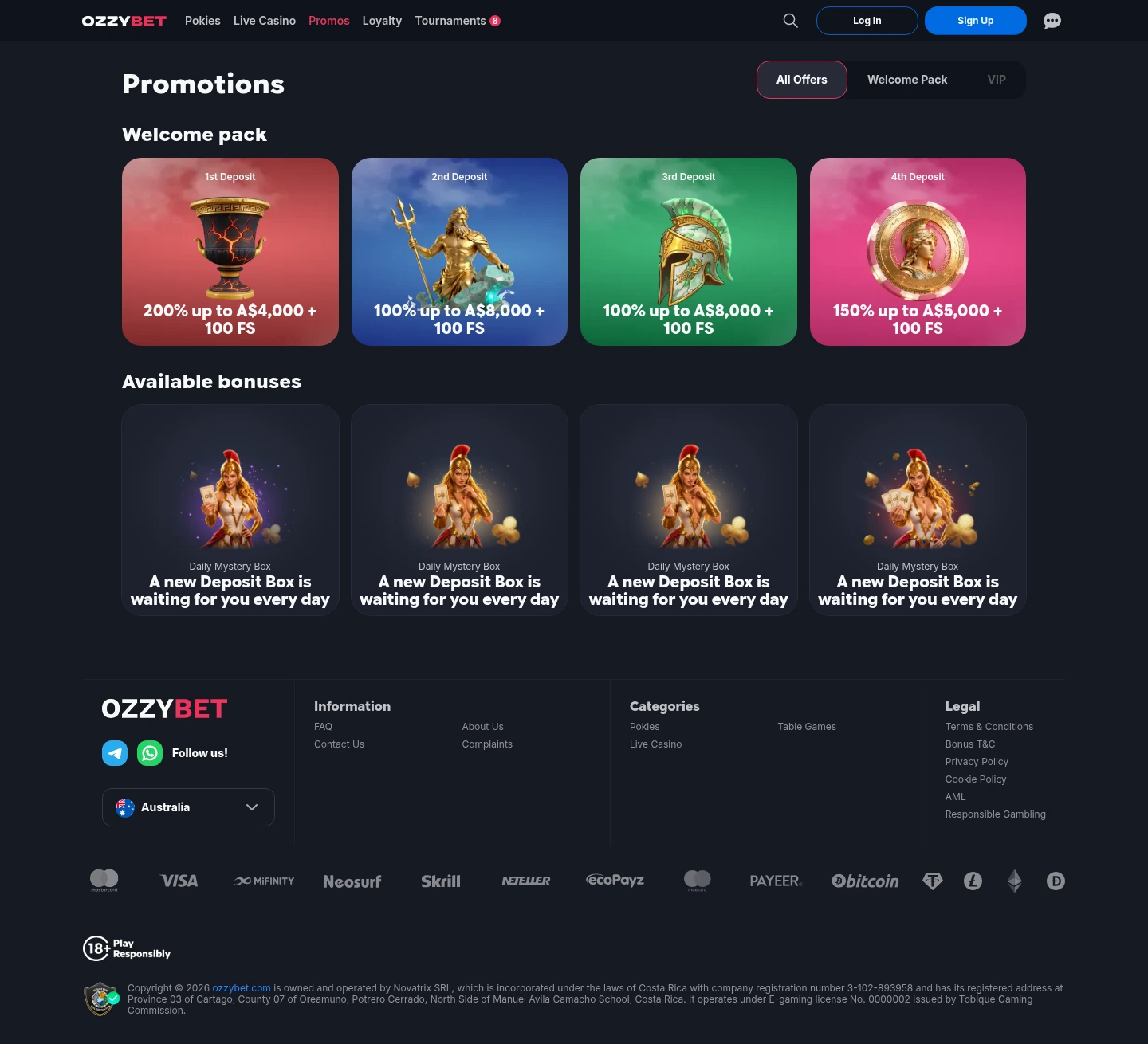 Ozzybet Casino — «Акции», снято из страны Канада