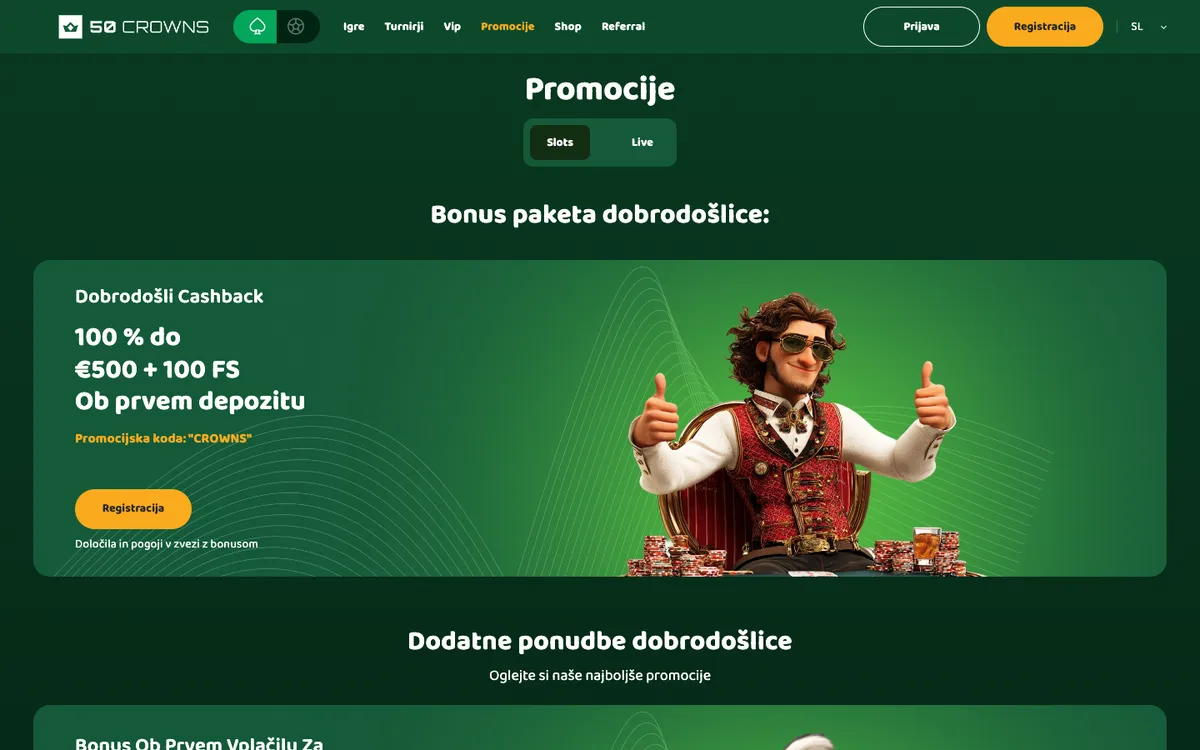 50 Crowns Casino — Promotions, captured from Slovenia