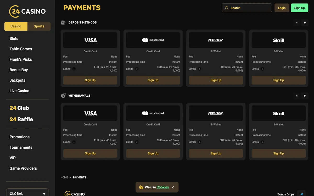 24Casino — Payments, captured from Norway