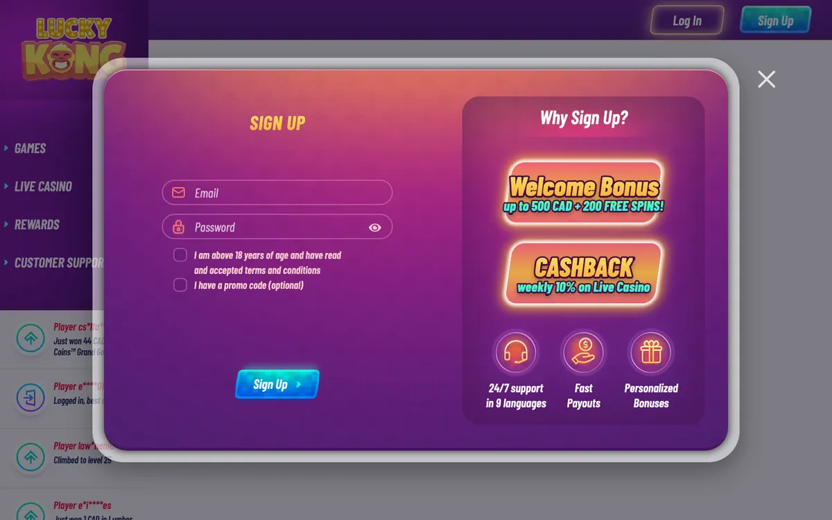 LuckyKong Casino — «Регистрация», снято из страны Канада