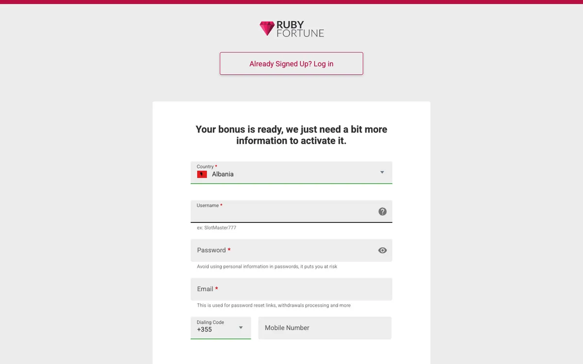 Ruby Fortune Casino — Sign-up, captured from Germany