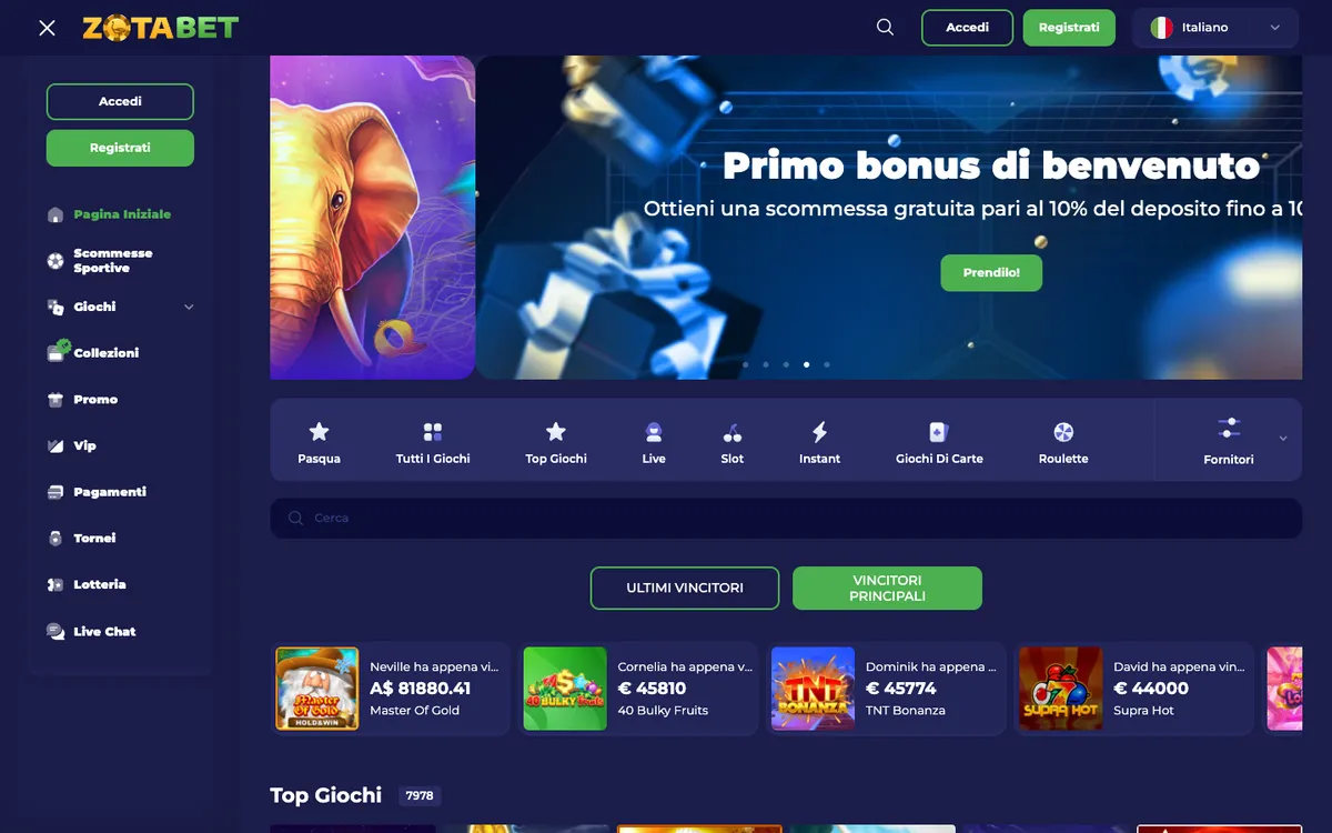 Zotabet Casino — Home page, captured from Italy