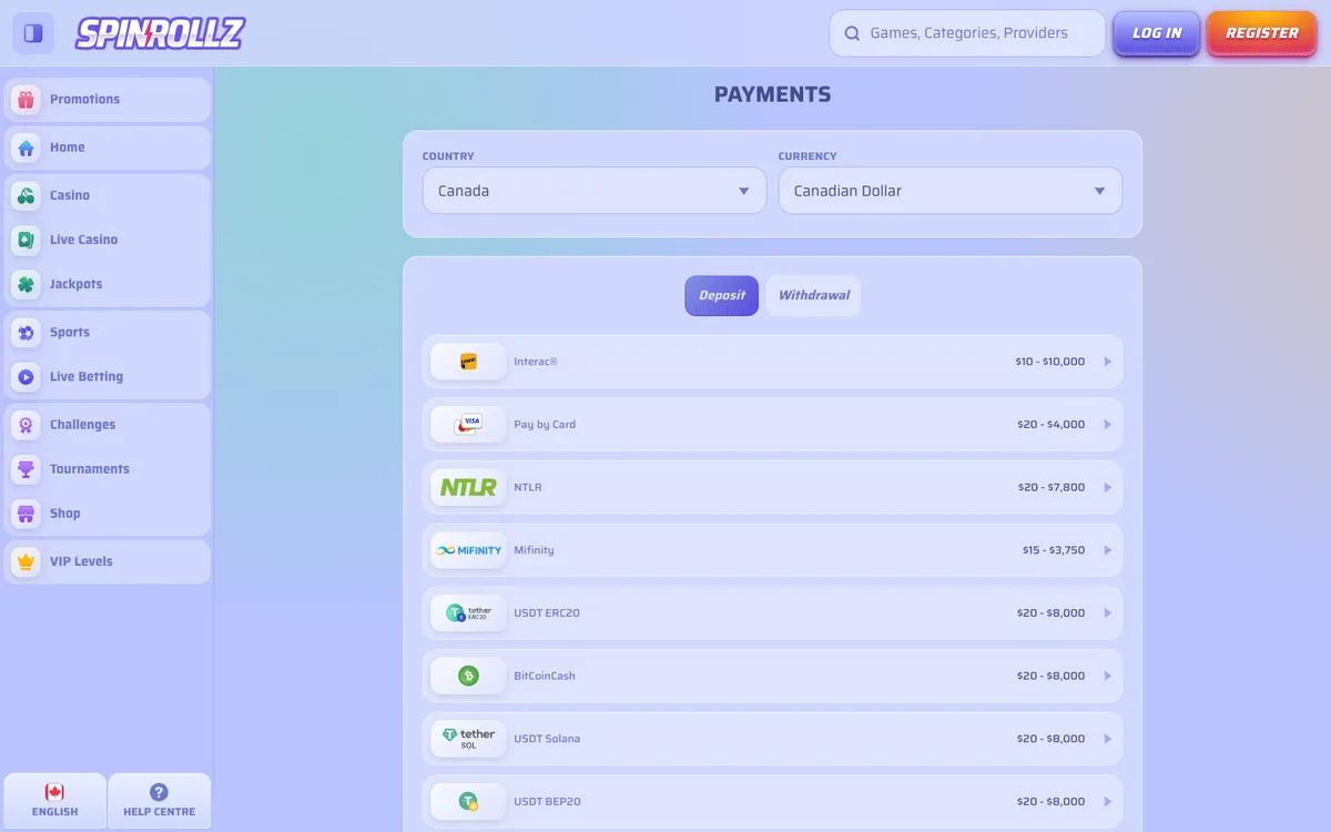 Spinrollz Casino — «Платежи», снято из страны Канада