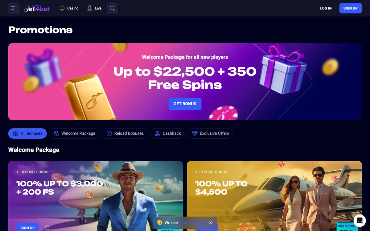Jet4bet Casino — Promotions, captured from Canada
