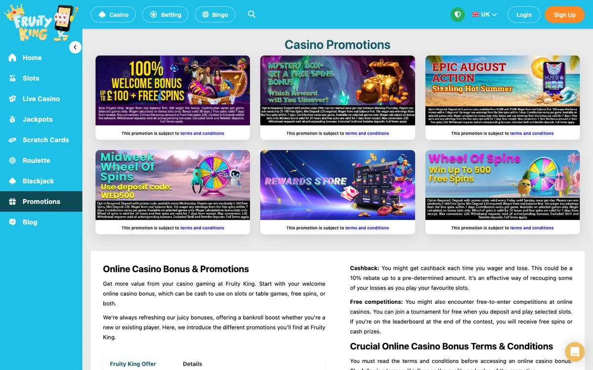 Fruity King Casino — Promotions, captured from United Kingdom