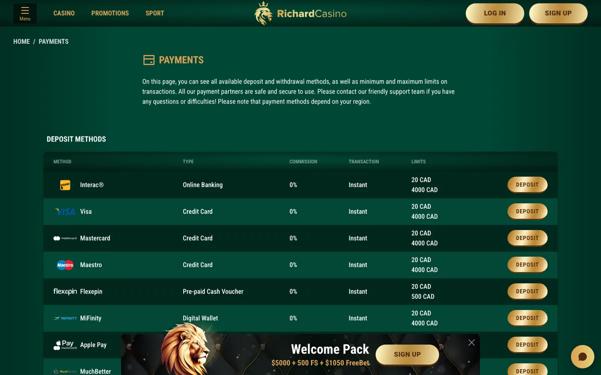 Richard Casino — Payments, captured from Canada