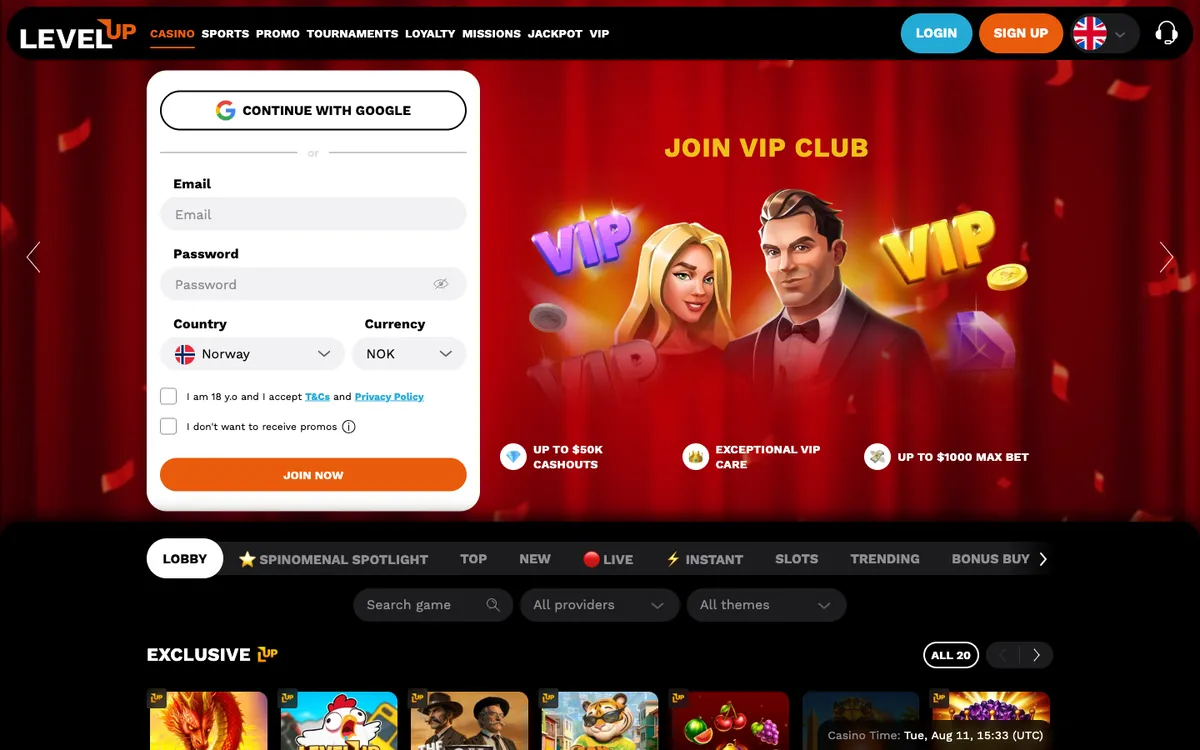 LevelUp Casino — «Главная», снято из страны Норвегия