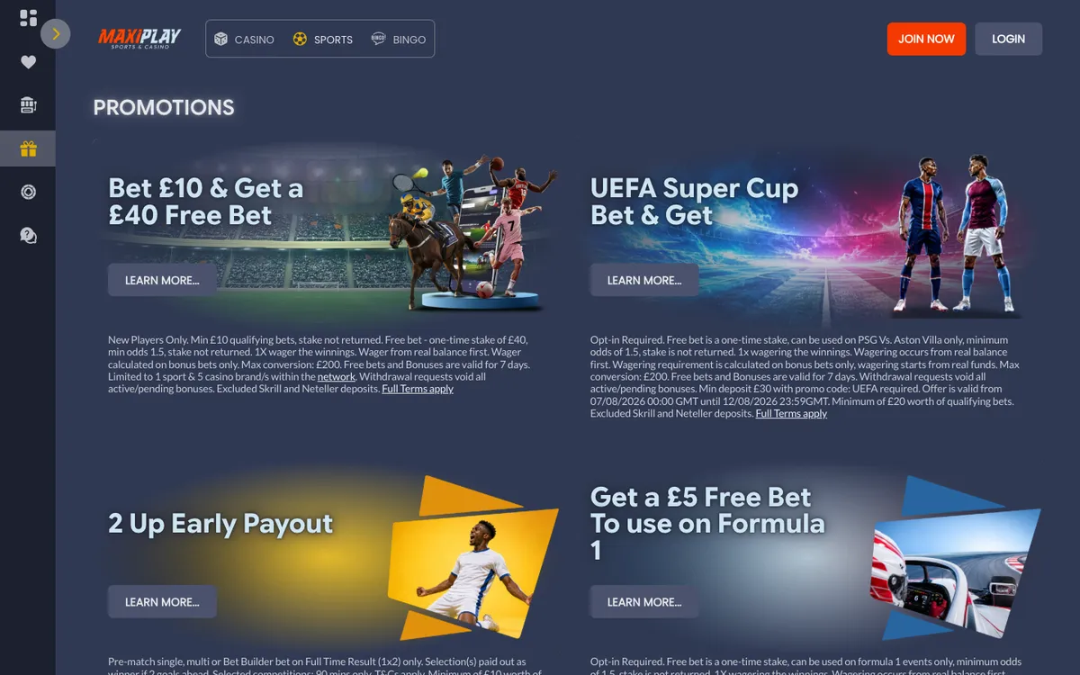 MaxiPlay Casino — «Акции», снято из страны Великобритания