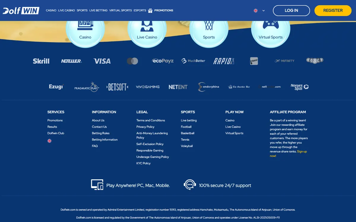 Dolfwin Casino — Home page, captured from Australia