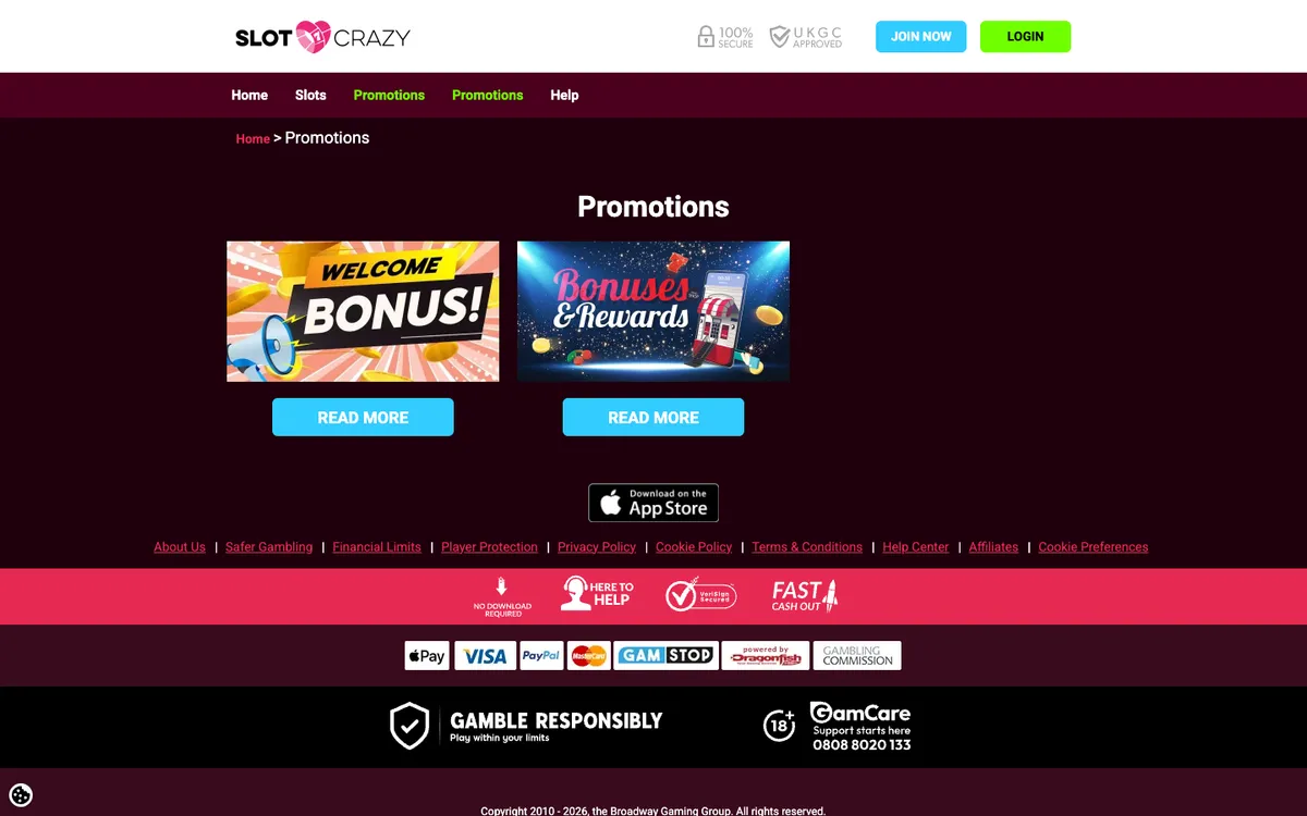 Slot Crazy Casino — Promotions, captured from United Kingdom