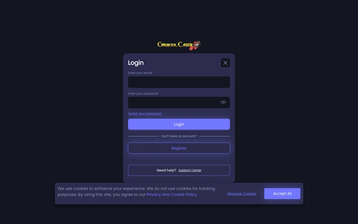 Conquer Casino — «Регистрация», снято из страны Великобритания