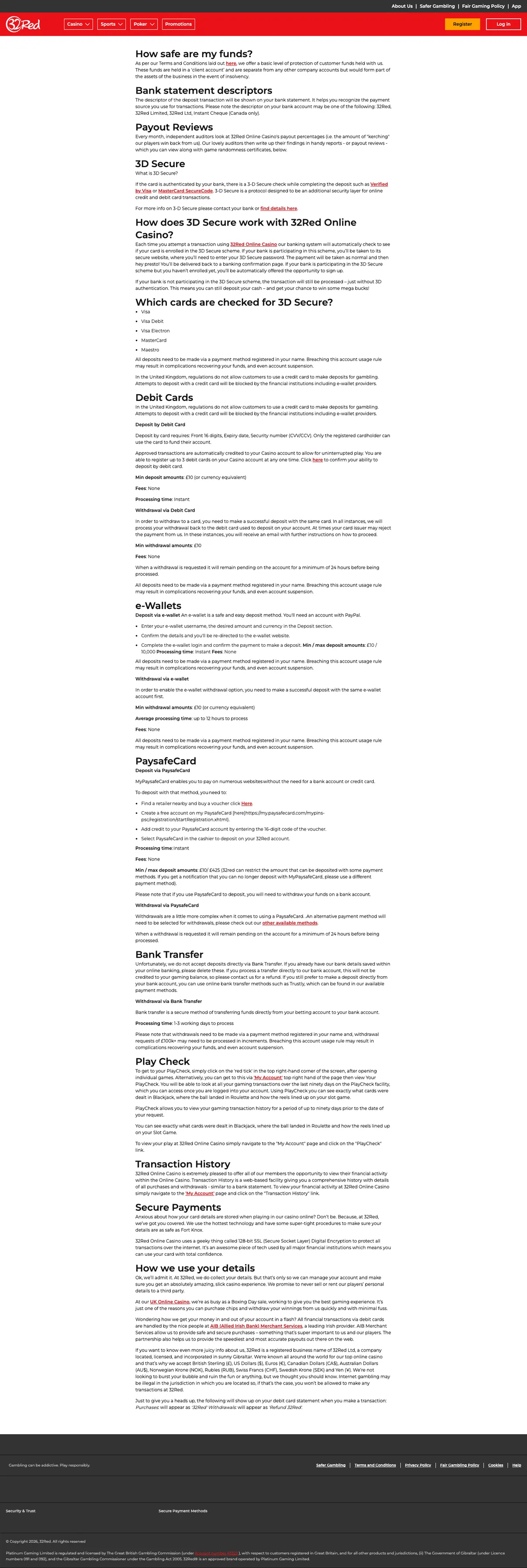 32Red Casino — Payments, captured from Canada